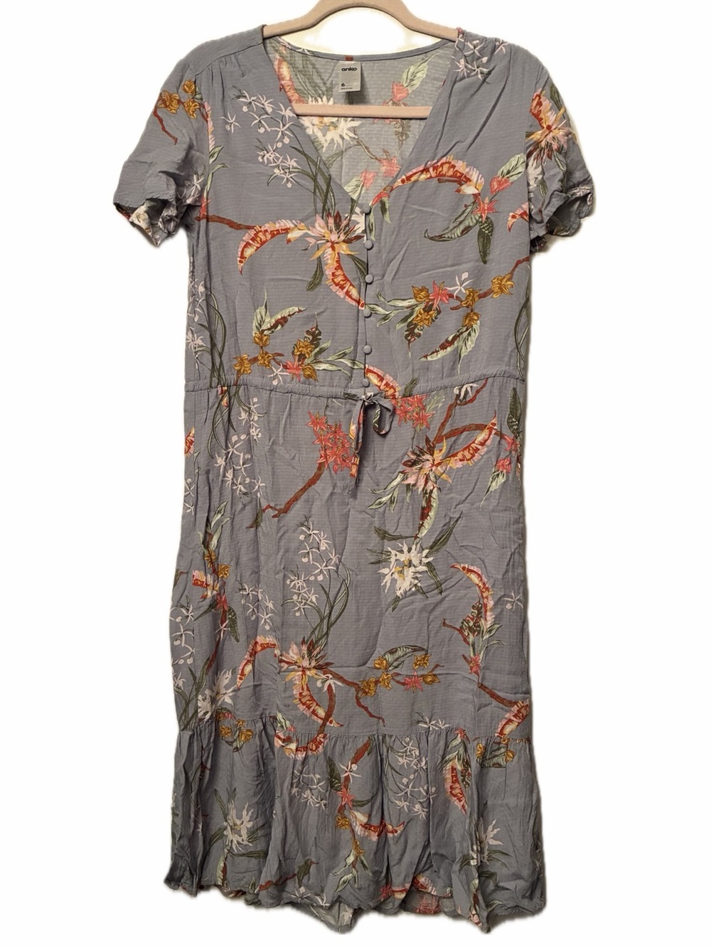 ANKO Floral V-Neck Button Front Tie Waist Midi Dress Blue Grey Sz 2 Ruffle - Picture 11 of 16